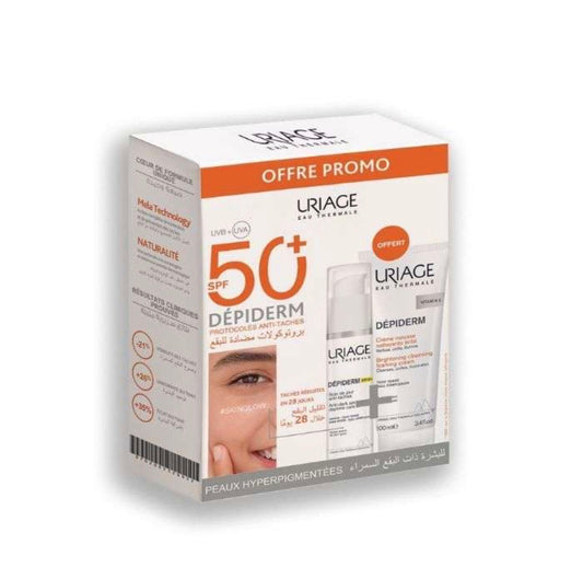 URIAGE COFFRET DEPIDERM SPF 50 SOIN DE JOUR HAUTE PROTECTION ANTI-TACHES BRUNES 30ml +DEPIDERM CREME MOUSSE NETTOYANTE Eclat 100ml