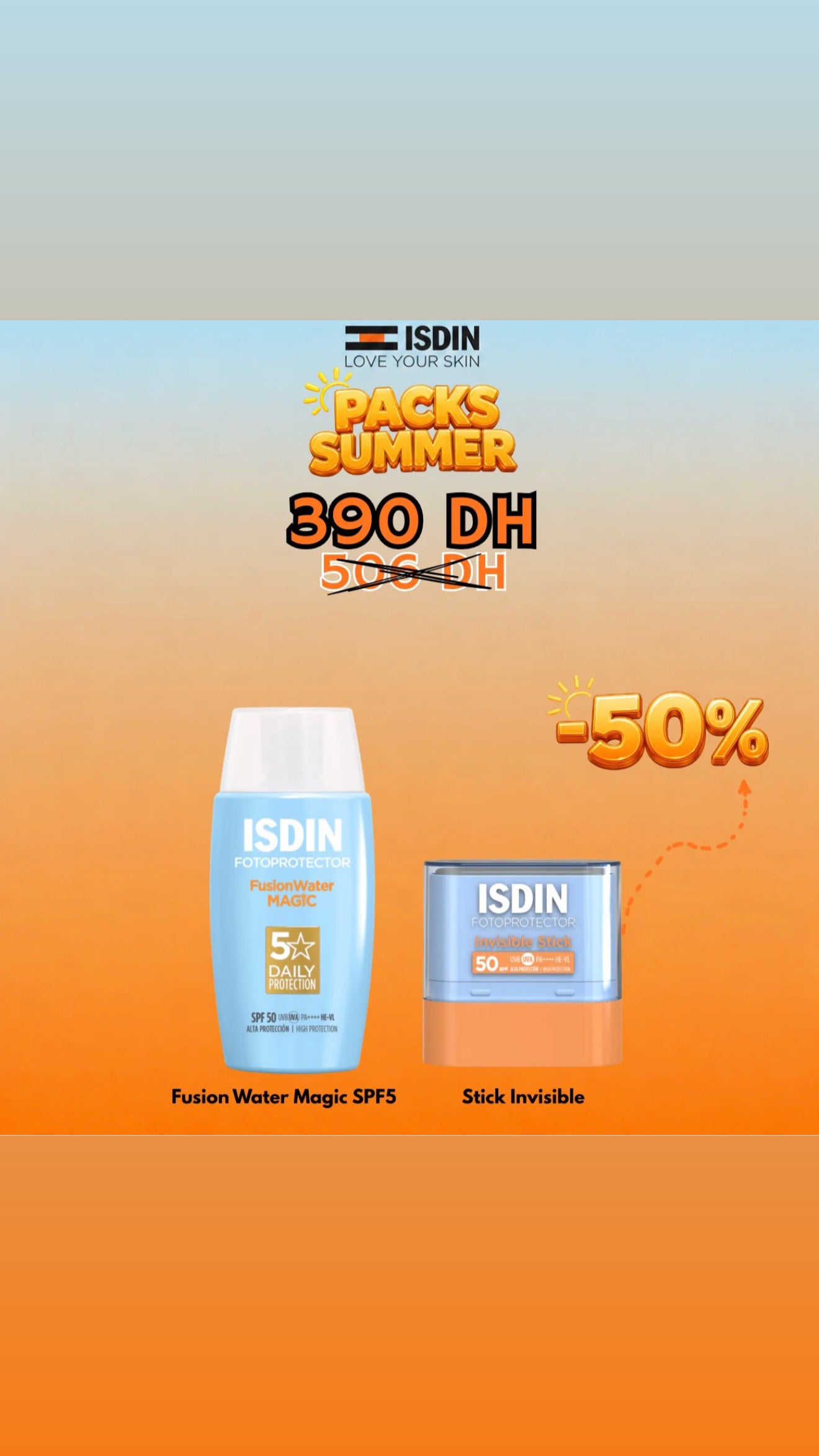 ISDIN PACK SUMMER FUSION WATER MAGIC SPF50 + STICK INVISIBLE (-50% SUR LE STICK INVISIBLE)