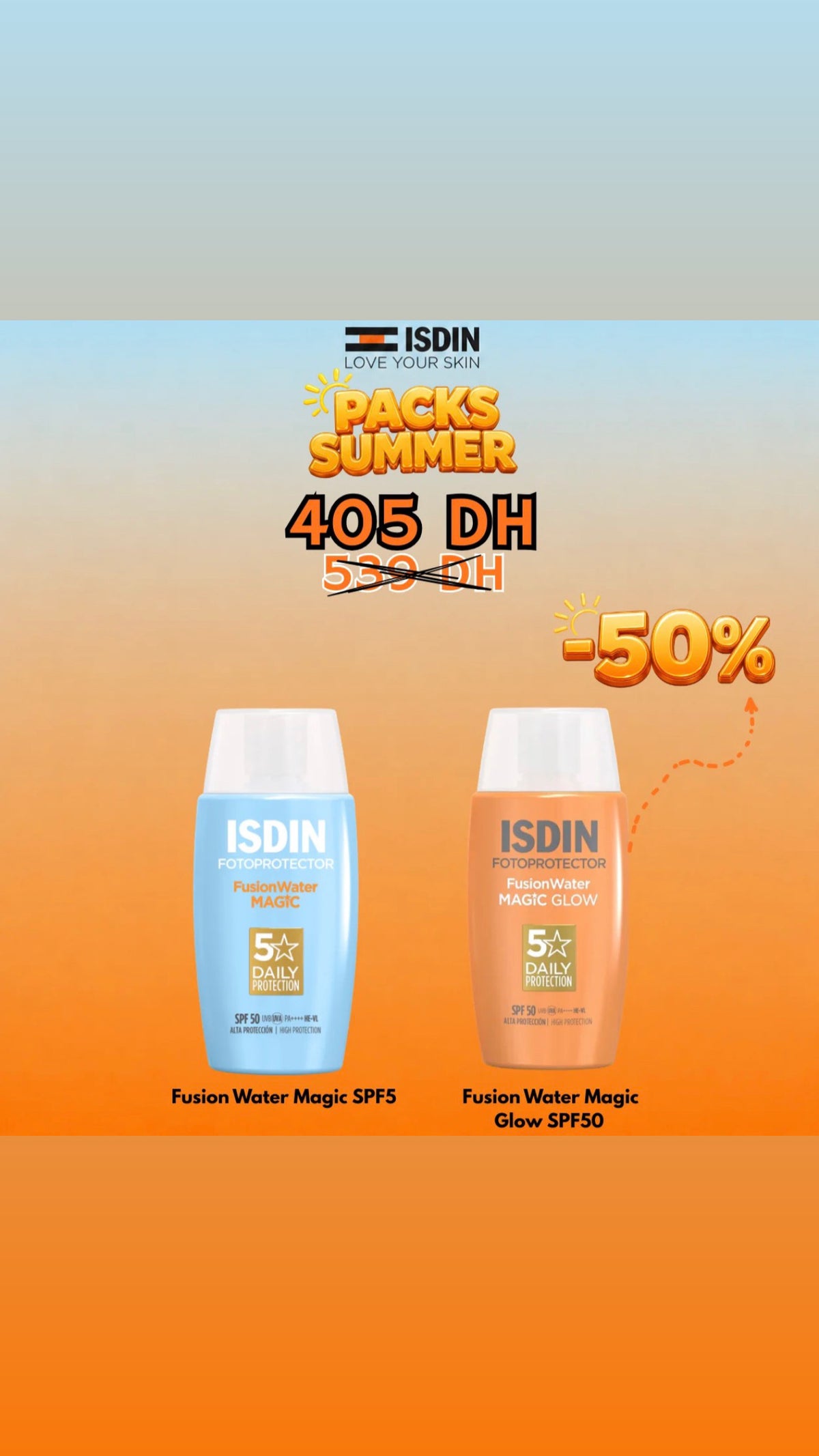 ISDIN PACK SUMMER FUSION WATER MAGIC SPF50 + FUSION WATER MAGIC GLOW SPF50 (-50% SUR LE FUSION WATER MAGIC GLOW)