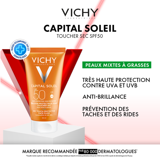 Vichy Capital Soleil Émulsion Toucher Sec invisible SPF50 Peau Mixte à Grasse= Après Soleil 100 ml OFFERT