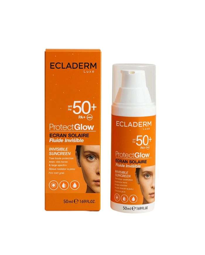 Ecladerm Protect Glow Écran Solaire SPF50+ 50ml – Fluide Invisible Haute Protection & Éclat Naturel
