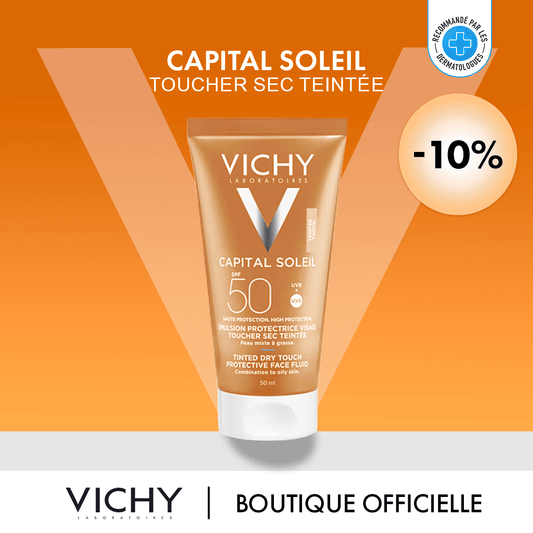 VICHY Capital Soleil Toucher Sec Crème Anti-Brillance Teintée SPF50+ LAIT Après-Soleil 100ml Pack Protection