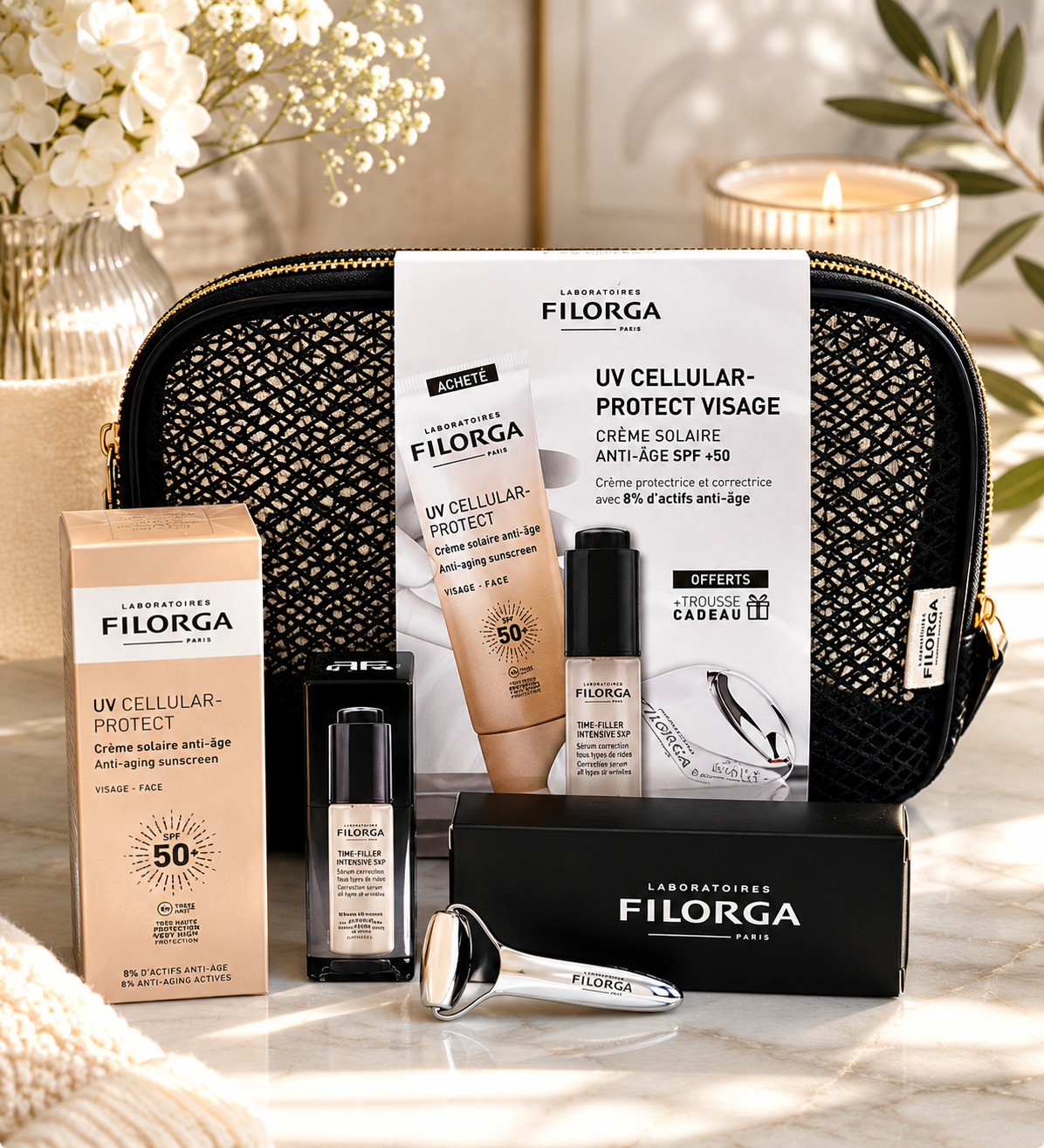 COFFRET UV CELLULAR CRÈME SOLAIRE ANTI-ÂGE SPF50+ 40ML = MINI TIME-FILLER 5ML + GUA SHA ROLLER+ TROUSSE OFFERTS