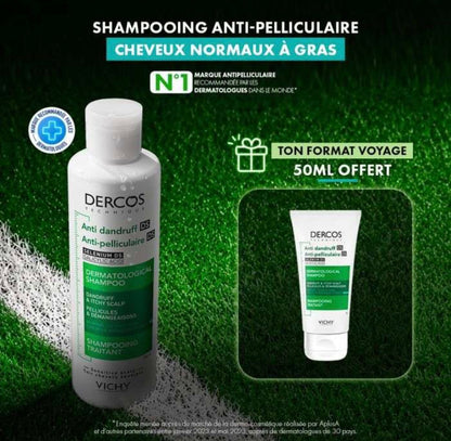 VICHY DERCOS SHAMPOOING ANTI PELLICULAIRE CHEVEUX NORMAUX A GRAS 200 ML + SHAMPOING FORMAT VOYAGE 50 ML OFFERT