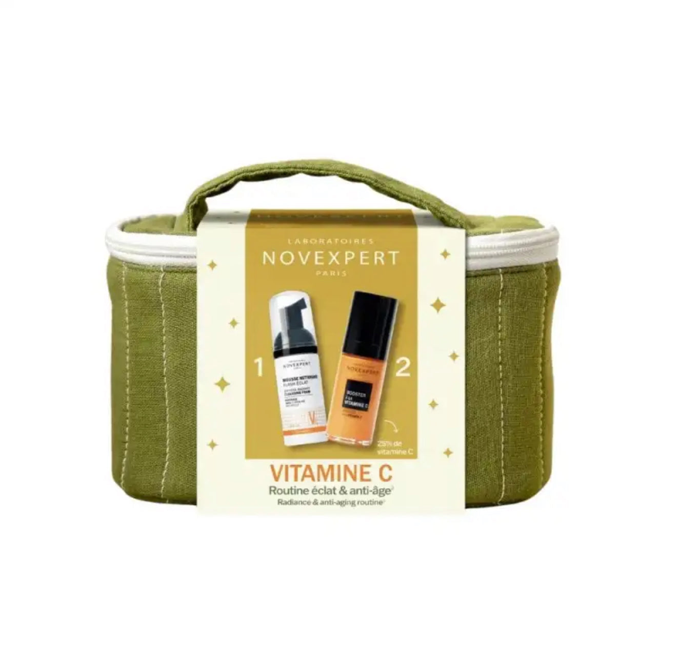 NOVEXPERT COFFRET PEAU ECLANTE BOOSTER ECLAT Sérum à la vitamine C 30ML + Mini Mousse Flash Eclat Anti-Âge + Trousse OFFERTE