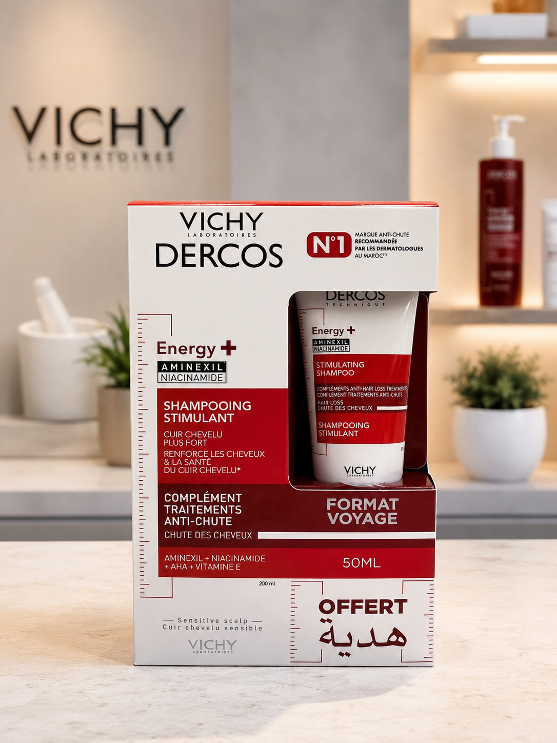 VICHY DERCOS SHAMPOOING ENERGISANT+ ANTI-CHUTE 200 ML = FORMAT VOYAGE 50 ML OFFERT