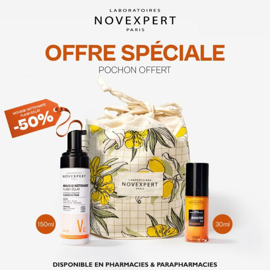 NOVEXPERT OFFRE SPECIALE DUO PEAU ECLATANTE Sérum Booster vitamine C 30ml + Mousse Nettoyante Flash Eclat 150 ML + POCHON Offert