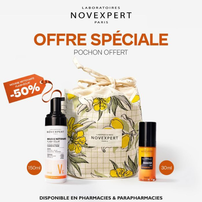 NOVEXPERT OFFRE SPECIALE DUO PEAU ECLATANTE Sérum Booster vitamine C 30ml + Mousse Nettoyante Flash Eclat 150 ML + POCHON Offert