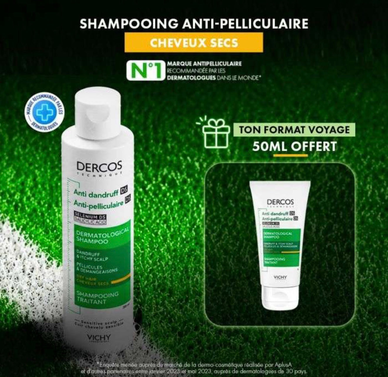 VICHY DERCOS OFFRE SHAMPOING ANTI PELLICULAIRE DS CHEVEUX SECS 200 ML + SHAMPOING FORMAT VOYAGE 50 ML OFFERT