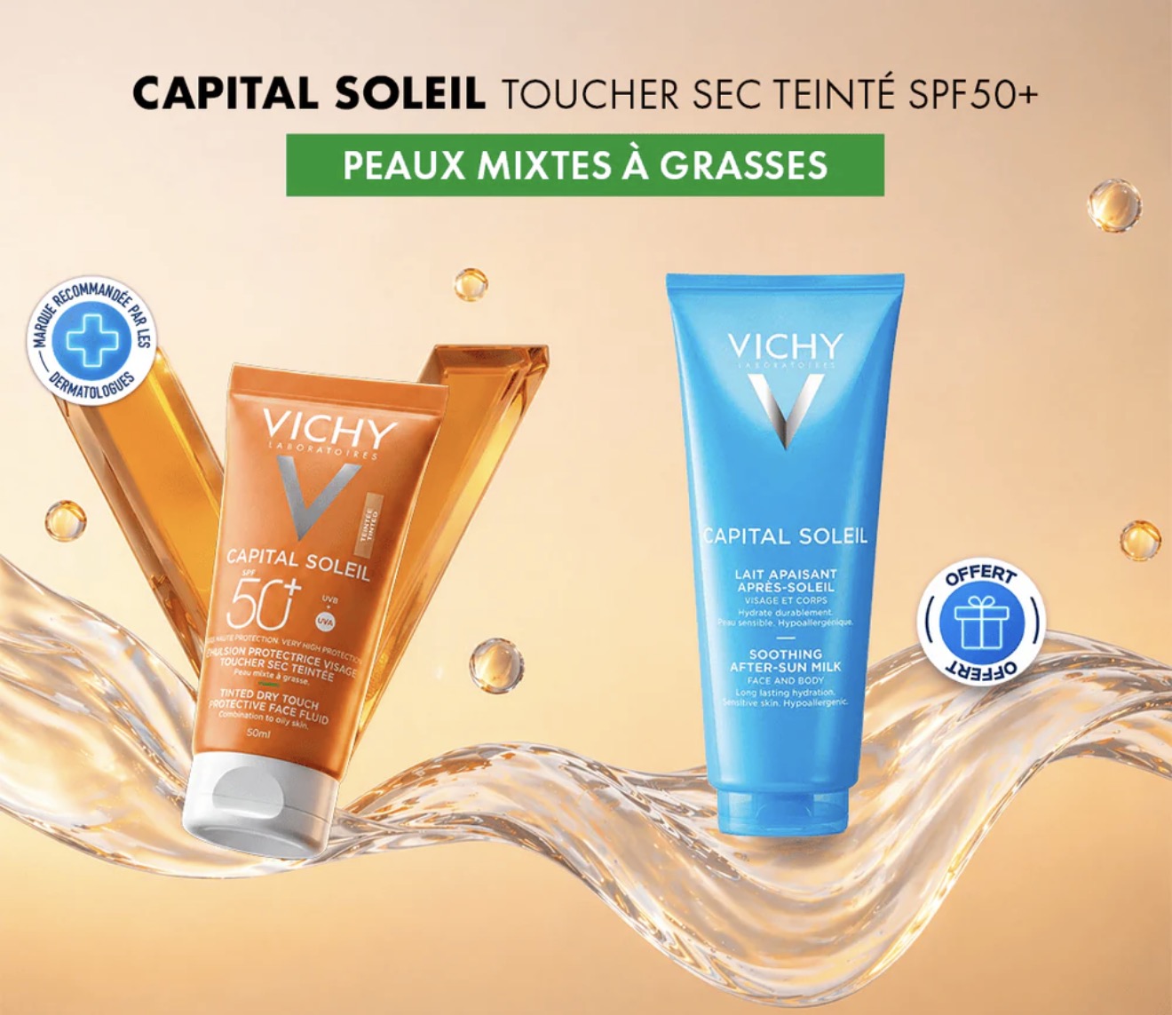 VICHY OFFRE CAPITAL SOLEIL BB EMULSION ANTI-BRILLANCE TEINTEE TOUCHER SEC 50 ML + LAIT Après-Soleil 100ml Pack Protection
