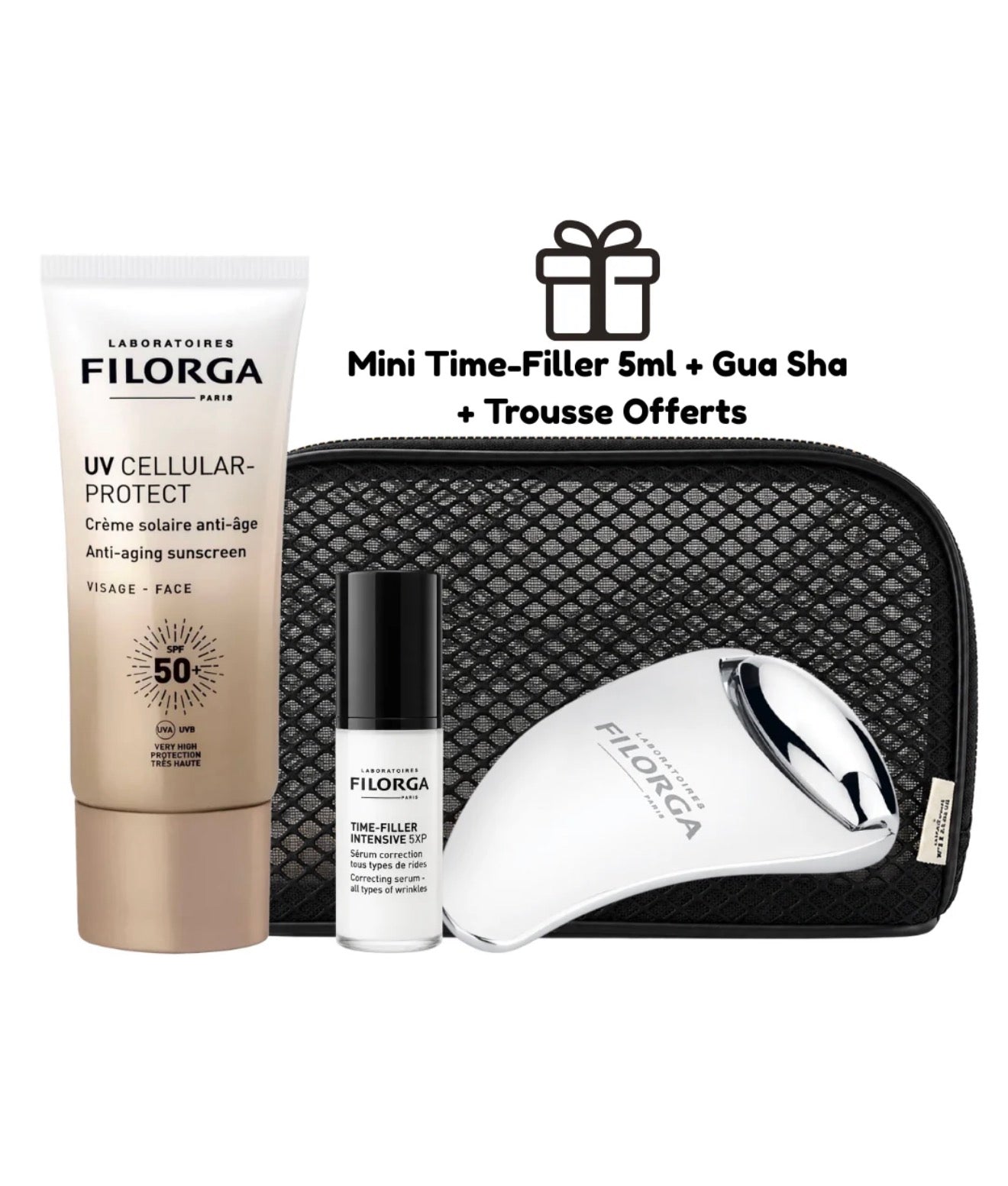 COFFRET UV CELLULAR CRÈME SOLAIRE ANTI-ÂGE SPF50+ 40ML = MINI TIME-FILLER 5ML + GUA SHA ROLLER+ TROUSSE OFFERTS