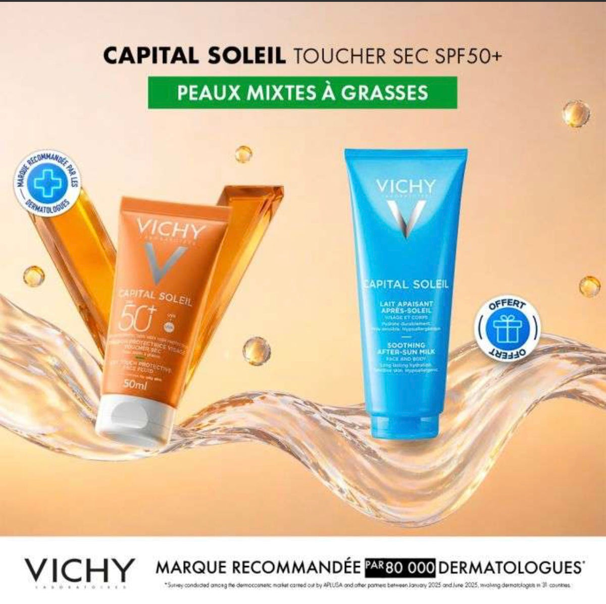 Vichy Capital Soleil Émulsion Toucher Sec invisible SPF50 Peau Mixte à Grasse= Après Soleil 100 ml OFFERT