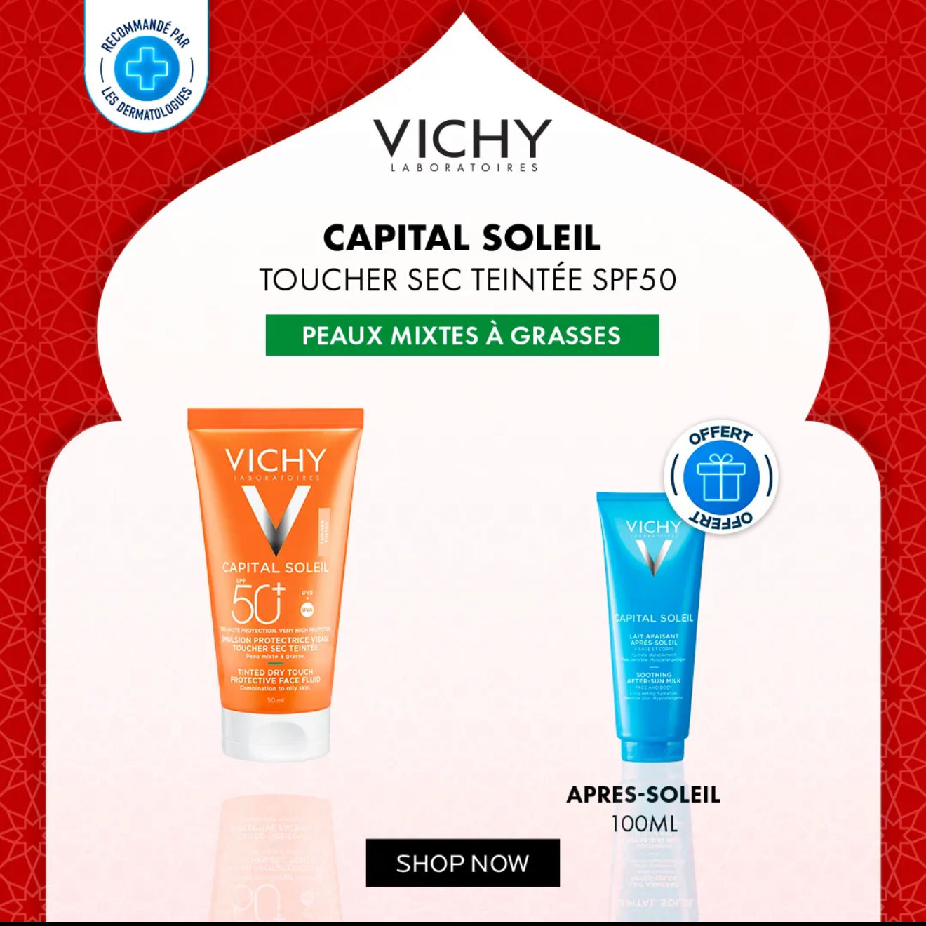 VICHY Capital Soleil Toucher Sec Crème Anti-Brillance Teintée SPF50+ LAIT Après-Soleil 100ml Pack Protection