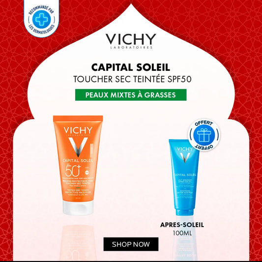 VICHY Capital Soleil Toucher Sec Crème Anti-Brillance Teintée SPF50+ LAIT Après-Soleil 100ml Pack Protection