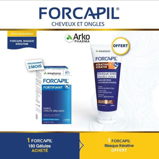 Forcapil Fortifiant cheveux et ongles 180 gélules + Masque Kératine Offert