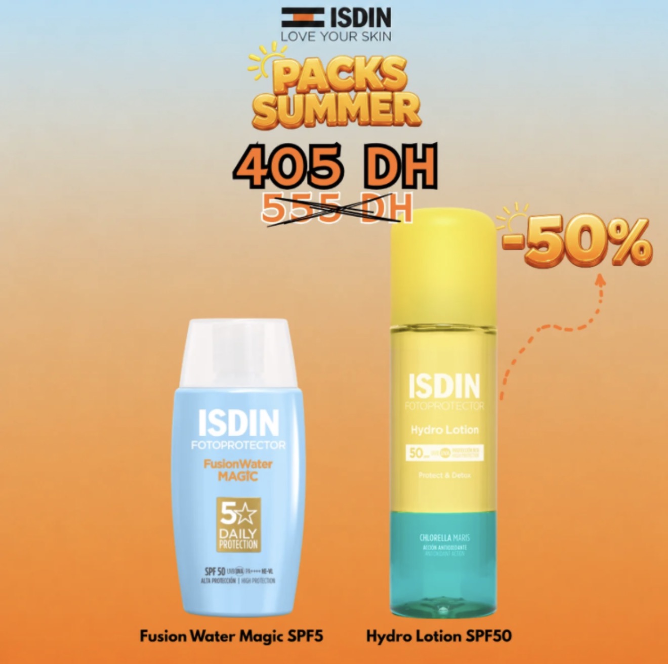 ISDIN PACK SUMMER FUSION WATER MAGIC SPF50 + HYDRO LOTION SPF50 (-50% SUR LE HYDRO LOTION)