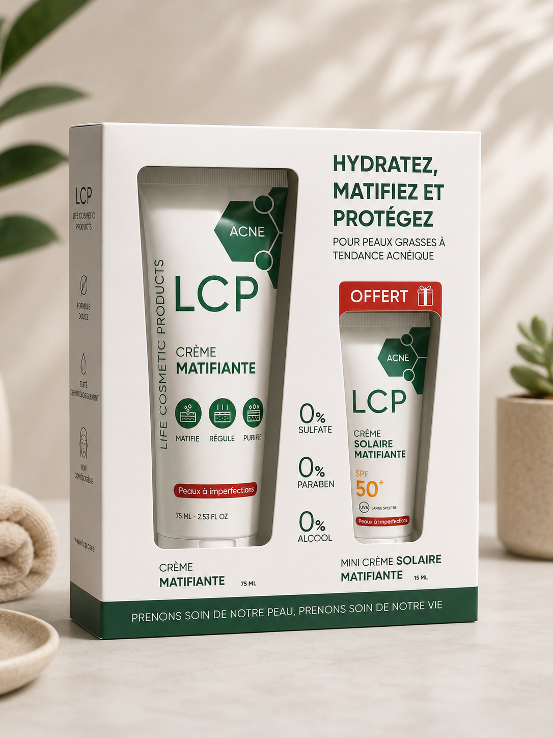 LCP ACNE CREME MATIFIANTE 75ML +mini CRÈME SOLAIRE MATIFIANTE SPF50+ 15ML OFFERTE