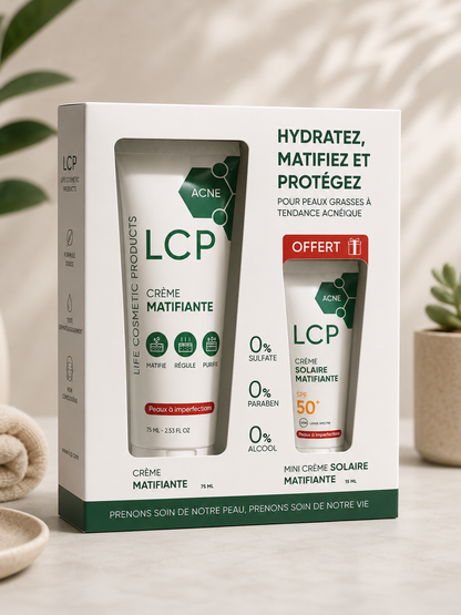 LCP ACNE CREME MATIFIANTE 75ML +mini CRÈME SOLAIRE MATIFIANTE SPF50+ 15ML OFFERTE