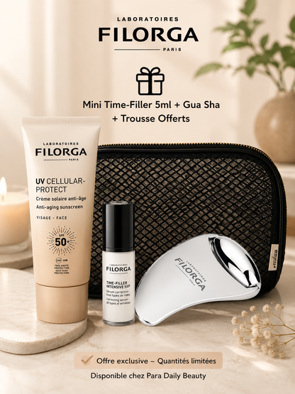 COFFRET UV CELLULAR CRÈME SOLAIRE ANTI-ÂGE SPF50+ 40ML = MINI TIME-FILLER 5ML + GUA SHA ROLLER+ TROUSSE OFFERTS