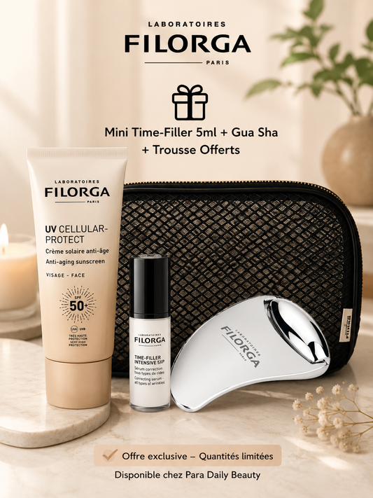 COFFRET UV CELLULAR CRÈME SOLAIRE ANTI-ÂGE SPF50+ 40ML = MINI TIME-FILLER 5ML + GUA SHA ROLLER+ TROUSSE OFFERTS