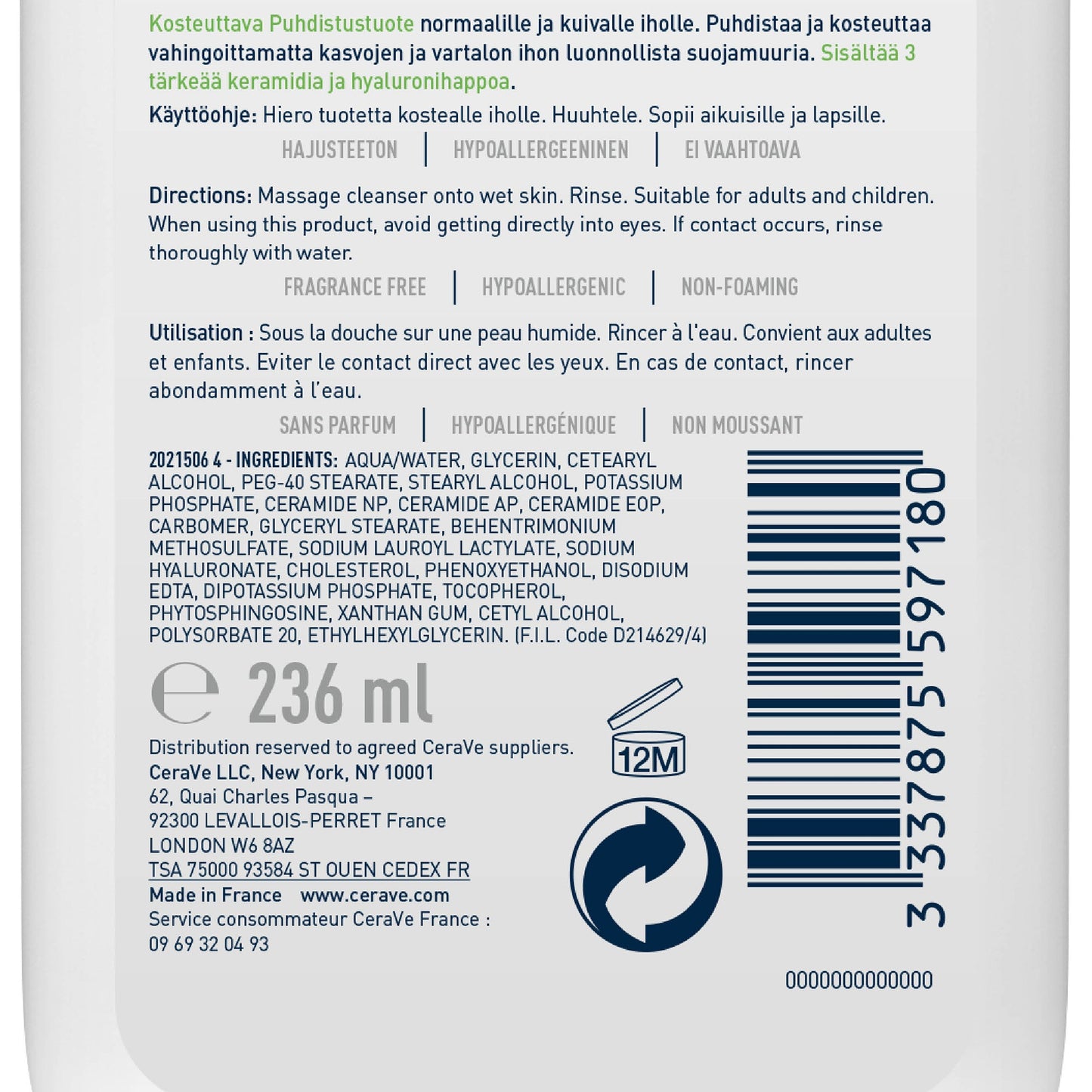 Cerave crème lavante hydratante – 236 ml