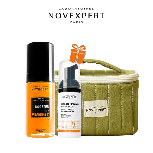 NOVEXPERT COFFRET PEAU ECLANTE BOOSTER ECLAT Sérum à la vitamine C 30ML + Mini Mousse Flash Eclat Anti-Âge + Trousse OFFERTE