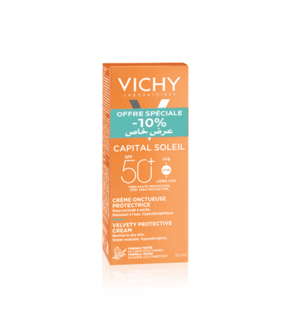 OFFRE VICHY CAPITAL SOLEIL CREME ONCTUEUSE PEAU NORMALE A SECHE SPF 50+ 50ML = MINERAL 89 10ML OFFERT