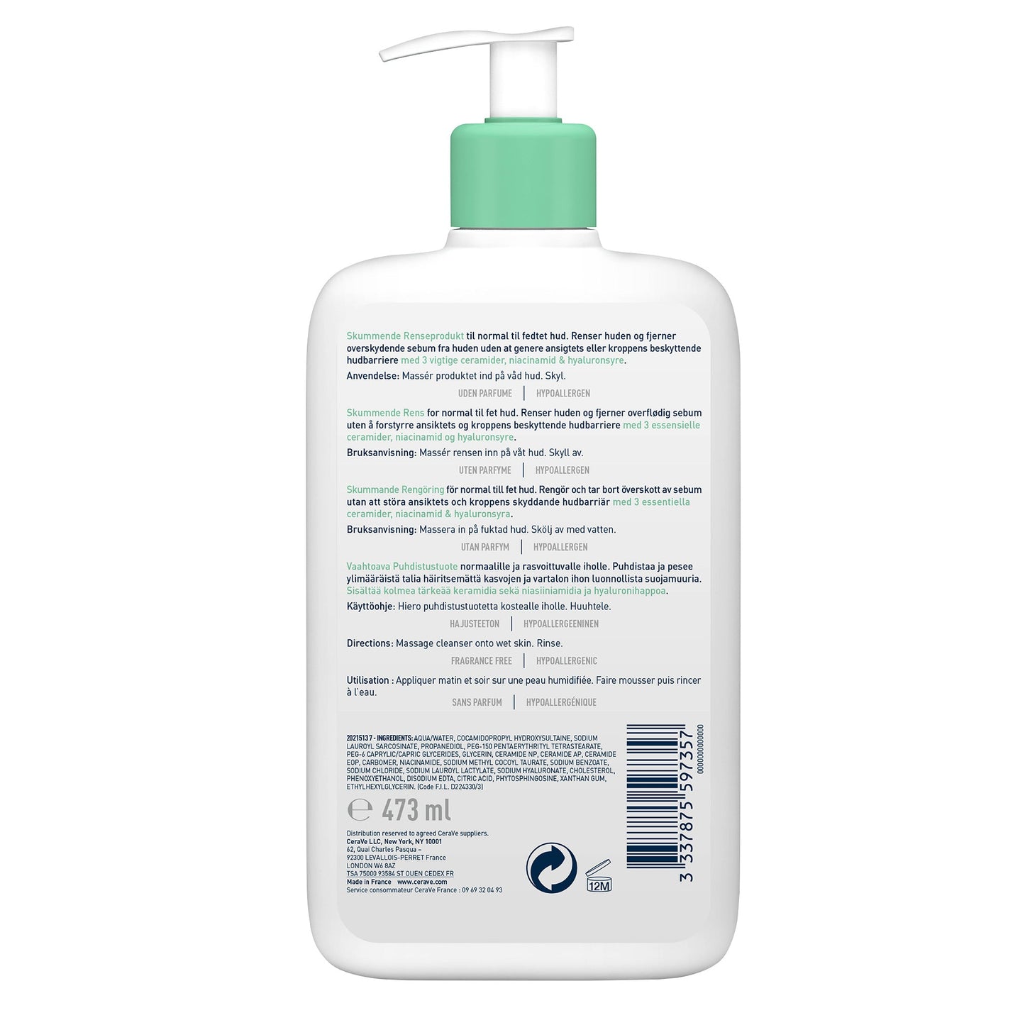 Cerave gel moussant nettoyant peau normale à grasse 473ml