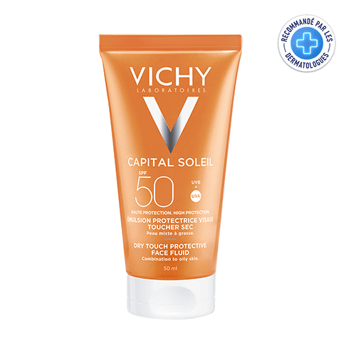 Vichy Capital Soleil Émulsion Toucher Sec invisible SPF50 Peau Mixte à Grasse= Après Soleil 100 ml OFFERT