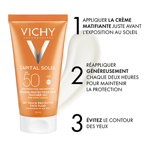 Vichy Capital Soleil Émulsion Toucher Sec invisible SPF50 Peau Mixte à Grasse= Après Soleil 100 ml OFFERT