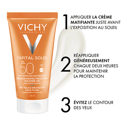 Vichy Capital Soleil Émulsion Toucher Sec invisible SPF50 Peau Mixte à Grasse= Après Soleil 100 ml OFFERT