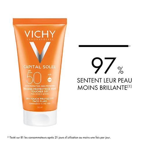 Vichy Capital Soleil Émulsion Toucher Sec invisible SPF50 Peau Mixte à Grasse= Après Soleil 100 ml OFFERT