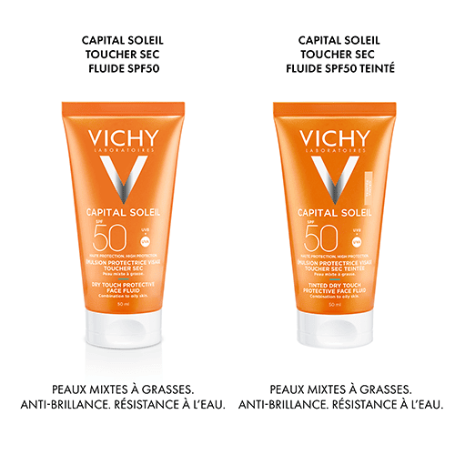Vichy Capital Soleil Émulsion Toucher Sec invisible SPF50 Peau Mixte à Grasse= Après Soleil 100 ml OFFERT