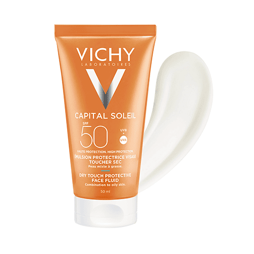 Vichy Capital Soleil Émulsion Toucher Sec invisible SPF50 Peau Mixte à Grasse= Après Soleil 100 ml OFFERT