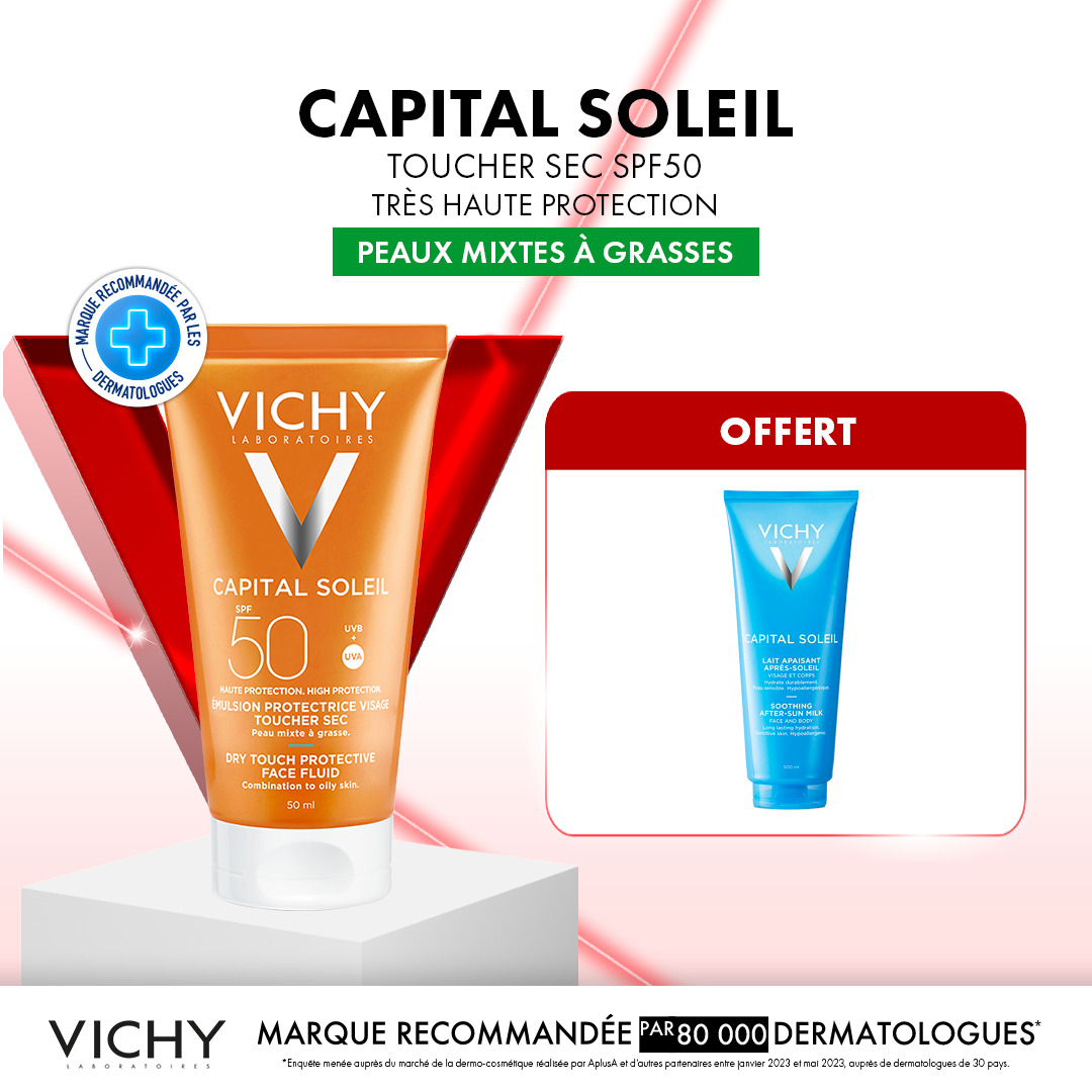 Vichy Capital Soleil Émulsion Toucher Sec invisible SPF50 Peau Mixte à Grasse= Après Soleil 100 ml OFFERT