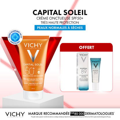 OFFRE VICHY CAPITAL SOLEIL CREME ONCTUEUSE PEAU NORMALE A SECHE SPF 50+ 50ML = MINERAL 89 10ML OFFERT